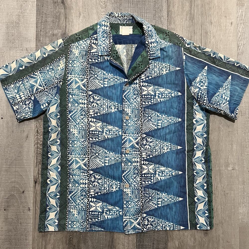 VTG Tapa Designs 1980s Hawaii Blue Green Cotton Hawaiian Button Camp Shirt Sz XL